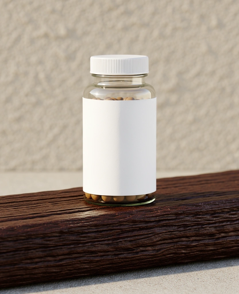 Premium natural supplement bottle on oak wood